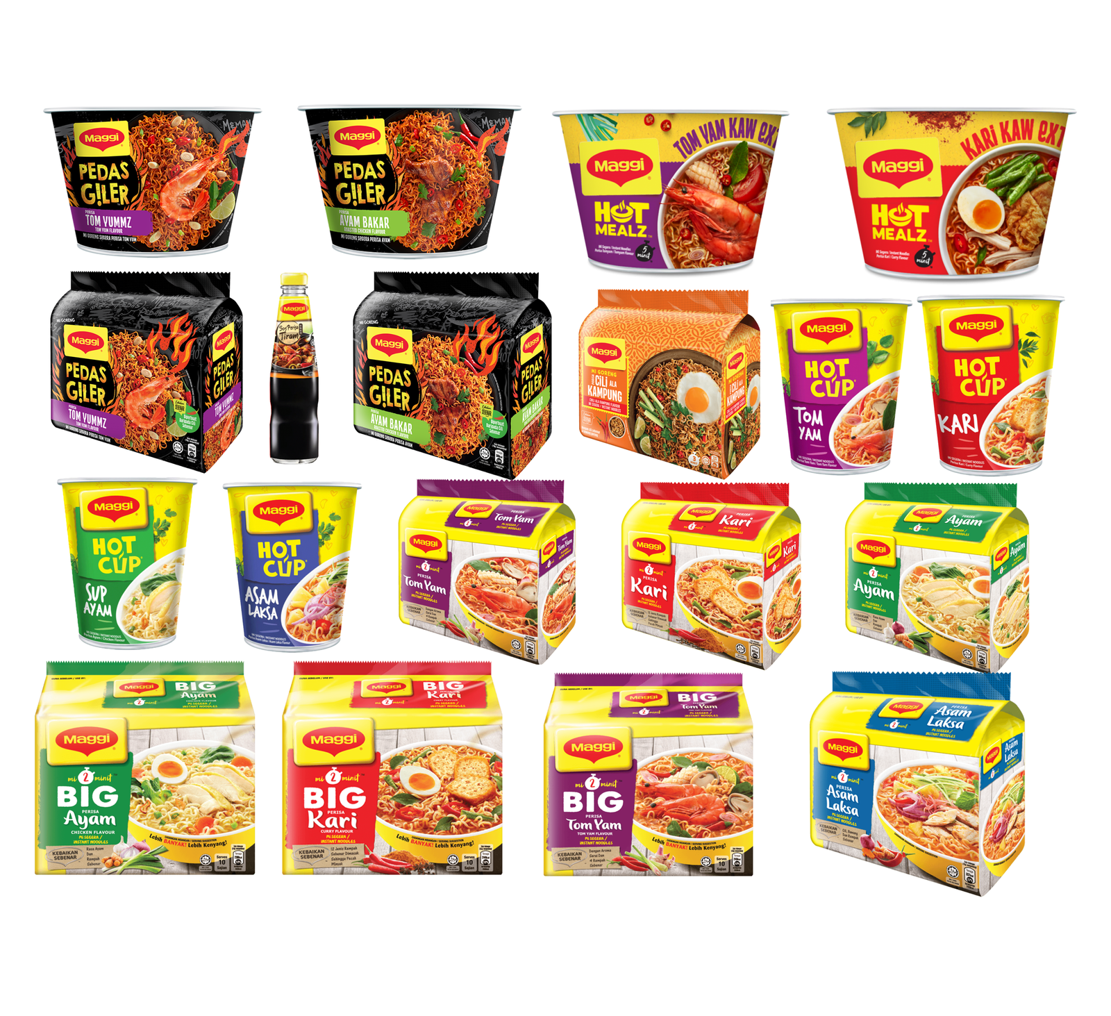 Maggi Instant Noodles and Sauce (imported from Malaysia) - available in single-serve cups and multipacks.